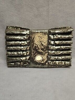 David Sigal Gold Metallic Python-Texture Clutch With Metal Strap